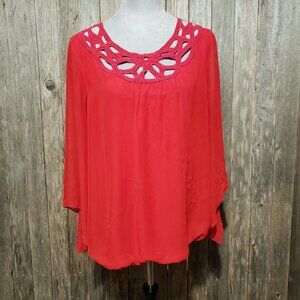 AB Studio XL Top Blouse Red Crochet Lace Neck Long Sleeve Pullover Chiffon